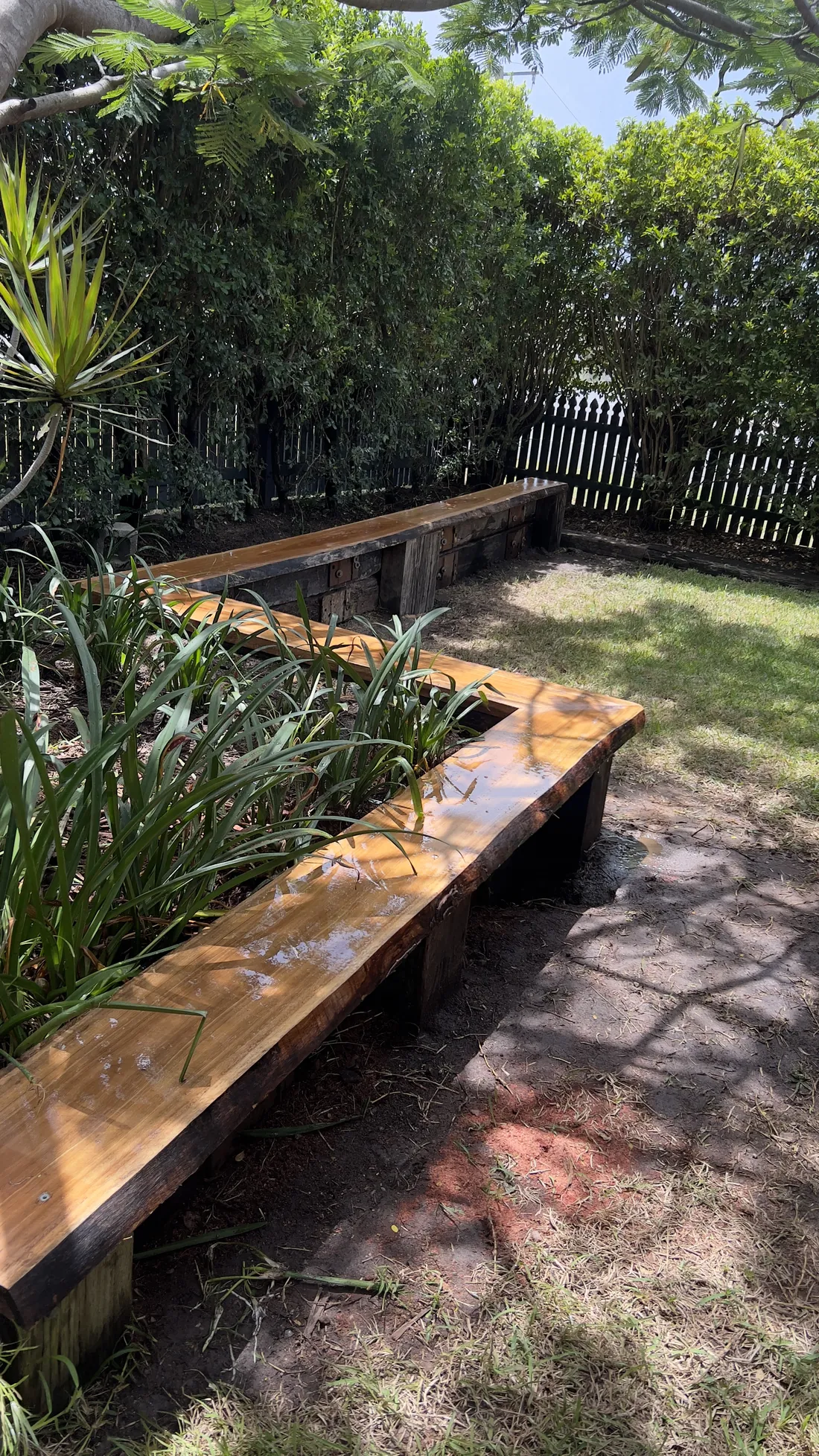 Hardwood bench and garden landscaping